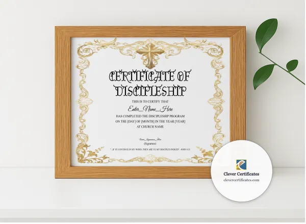 Realistic mockup featuring Discipleship Program Completion Certificate Blue Filigree Formal Landscape displayed within a modern frame, set against a minimalistic background.