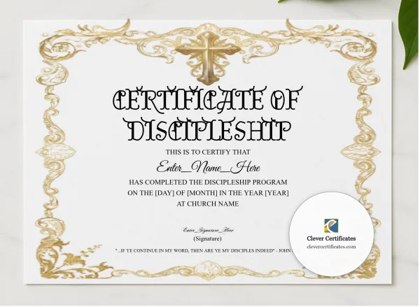 Discipleship Program Completion Certificate Blue Filigree Formal Landscape presented in a sleek wooden frame, elegantly arranged on a stylish table.