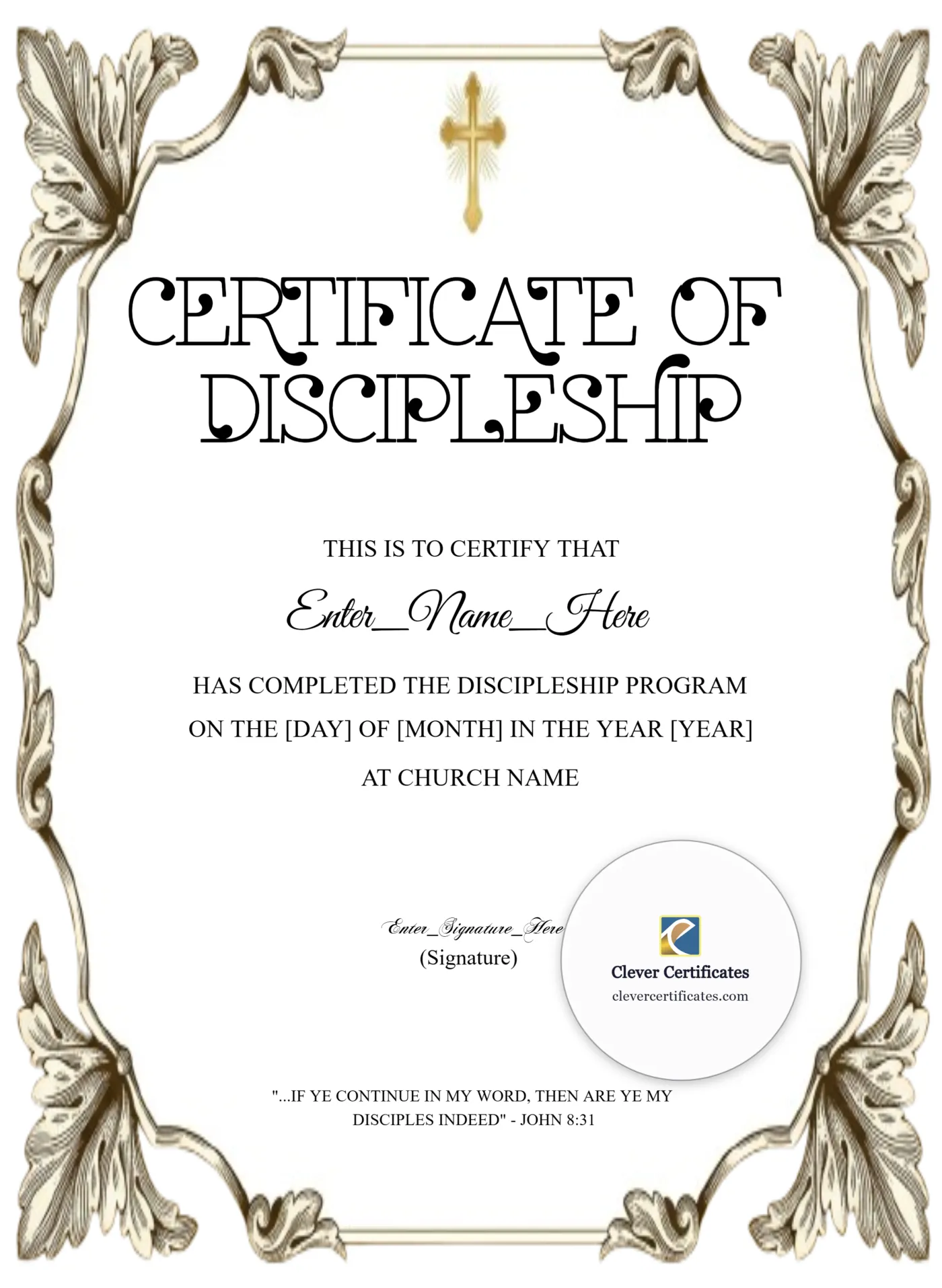 Discipleship Program Completion Certificate Blue Filigree Formal Portrait — Certificate Template Preview