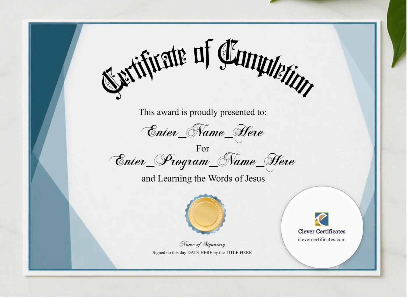Sunday School Completion Certificate Blue Filigree Formal Landscape presented in a sleek wooden frame, elegantly arranged on a stylish table.