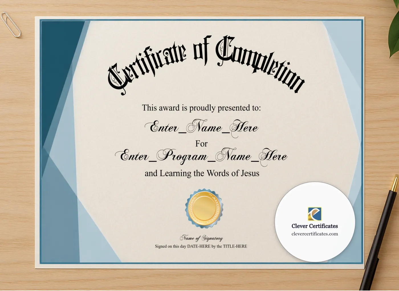 Professional preview of Sunday School Completion Certificate Blue Filigree Formal Landscape certificate on high-quality stationery paper, ideal for showcasing the final look.