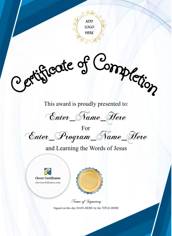 Sunday School Completion Certificate Blue Filigree Formal Portrait — Certificate Template Preview