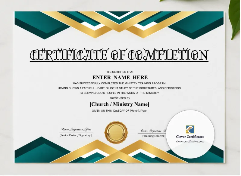 Ministry Training Completion Certificate Blue Filigree Formal Landscape presented in a sleek wooden frame, elegantly arranged on a stylish table.