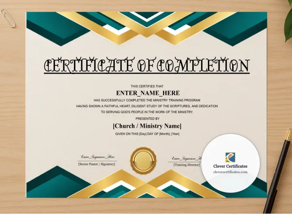 Professional preview of Ministry Training Completion Certificate Blue Filigree Formal Landscape certificate on high-quality stationery paper, ideal for showcasing the final look.