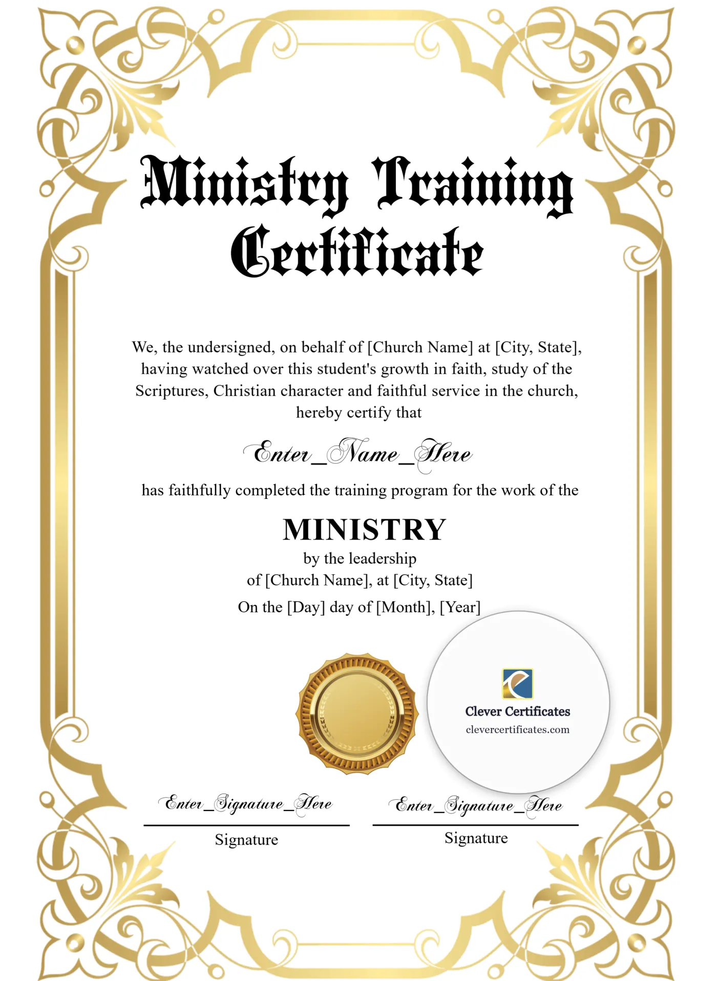 Ministry Training Completion Certificate Blue Filigree Formal Portrait — Certificate Template Preview