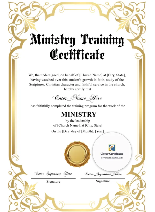 Ministry Training Completion Certificate Blue Filigree Formal Portrait — Certificate Template Preview