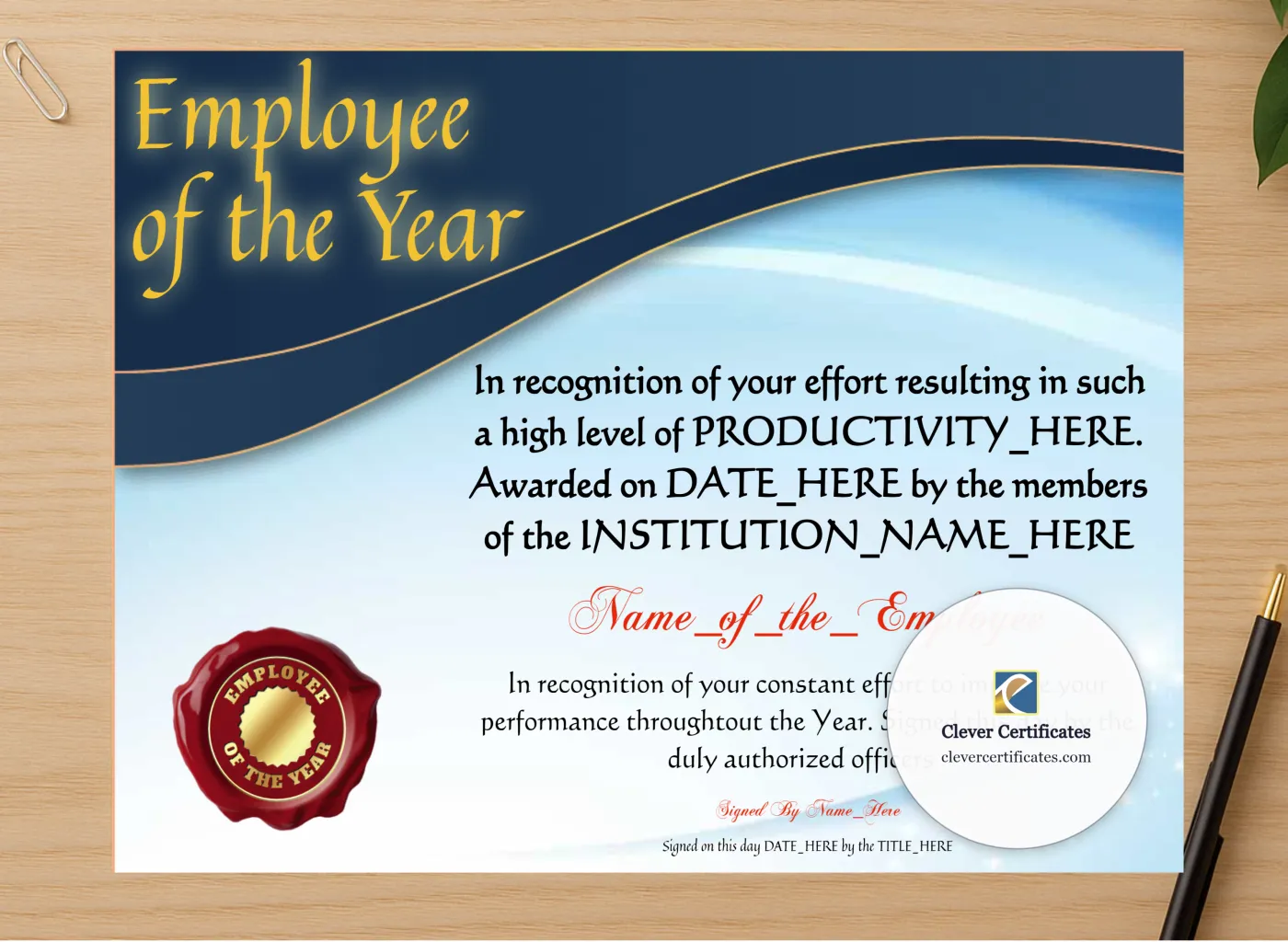 Professional preview of Employee Of The Year 2 certificate on high-quality stationery paper, ideal for showcasing the final look.
