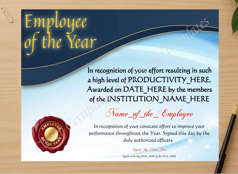 Professional preview of Employee Of The Year 2 certificate on high-quality stationery paper, ideal for showcasing the final look.