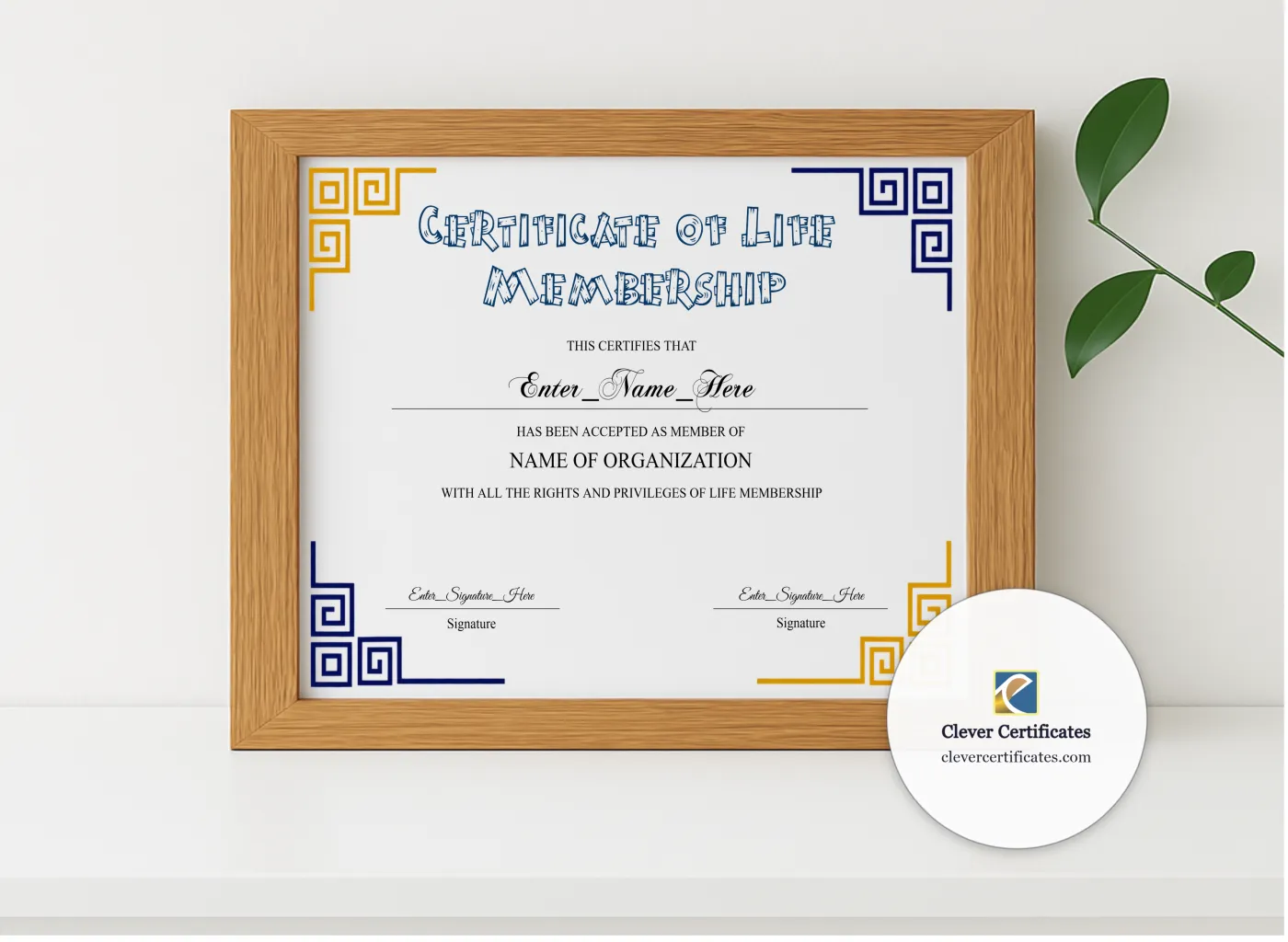 Realistic mockup featuring Life Membership Certificate Classic Gold Landscape displayed within a modern frame, set against a minimalistic background.