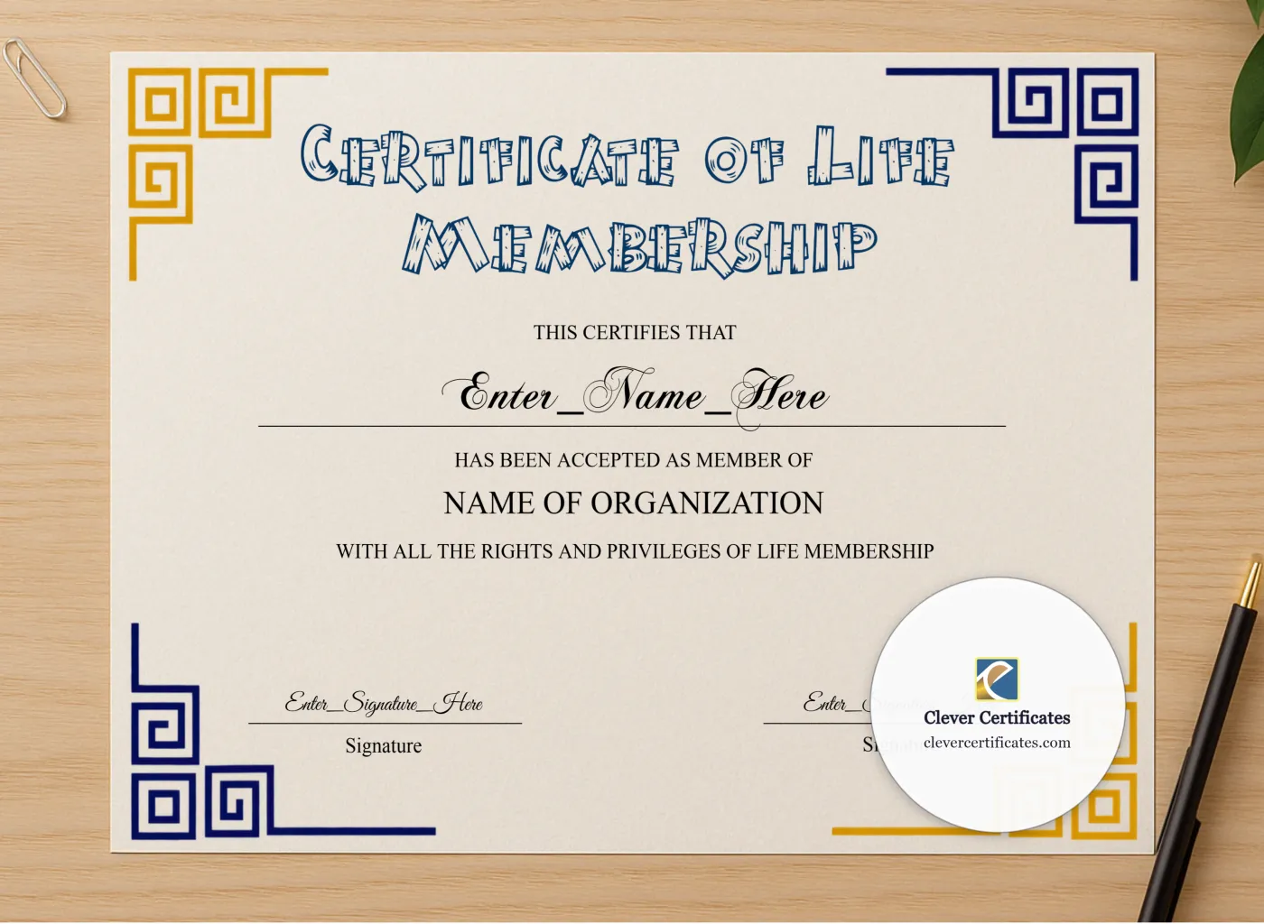 Professional preview of Life Membership Certificate Classic Gold Landscape certificate on high-quality stationery paper, ideal for showcasing the final look.