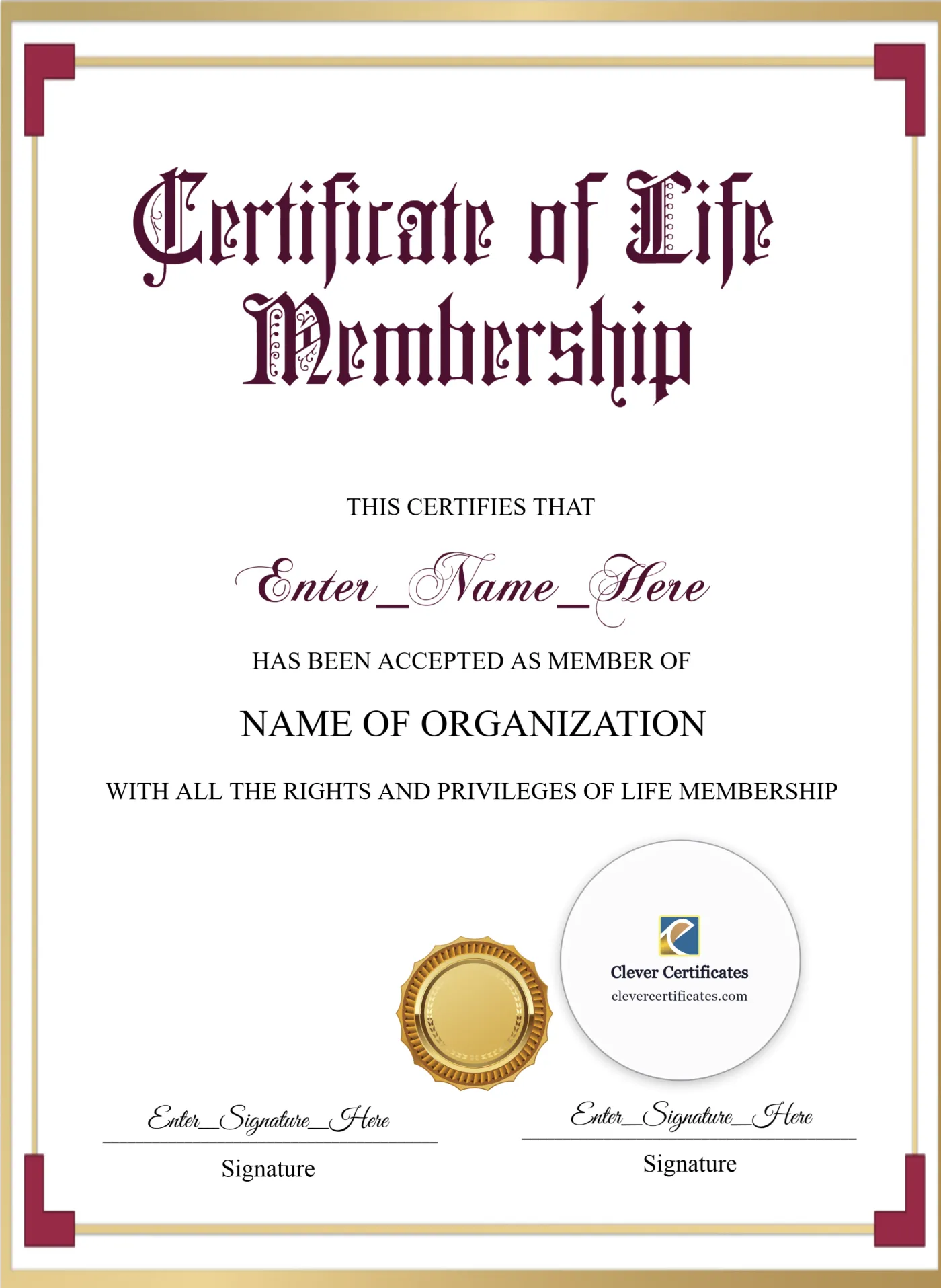 Life Membership Certificate Classic Gold Portrait — Certificate Template Preview