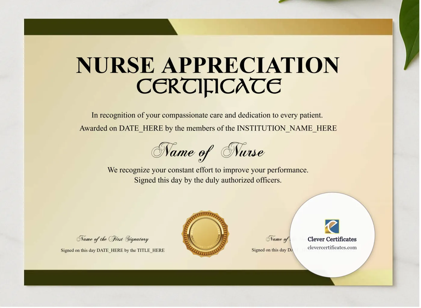Nurse Appreciation Certificate Classic Gold Landscape presented in a sleek wooden frame, elegantly arranged on a stylish table.