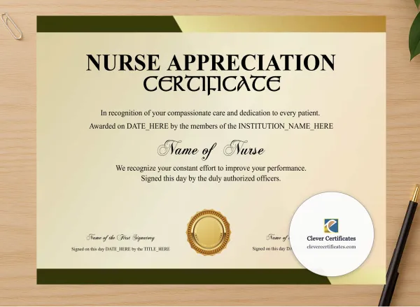 Professional preview of Nurse Appreciation Certificate Classic Gold Landscape certificate on high-quality stationery paper, ideal for showcasing the final look.