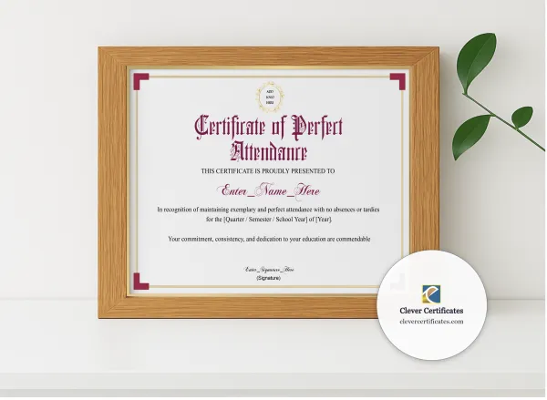 Realistic mockup featuring Perfect Attendance Certificate Classic Gold Landscape displayed within a modern frame, set against a minimalistic background.
