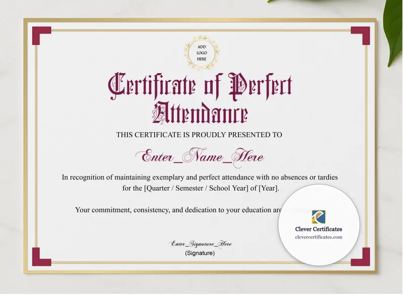 Perfect Attendance Certificate Classic Gold Landscape presented in a sleek wooden frame, elegantly arranged on a stylish table.