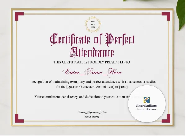 Perfect Attendance Certificate Classic Gold Landscape presented in a sleek wooden frame, elegantly arranged on a stylish table.