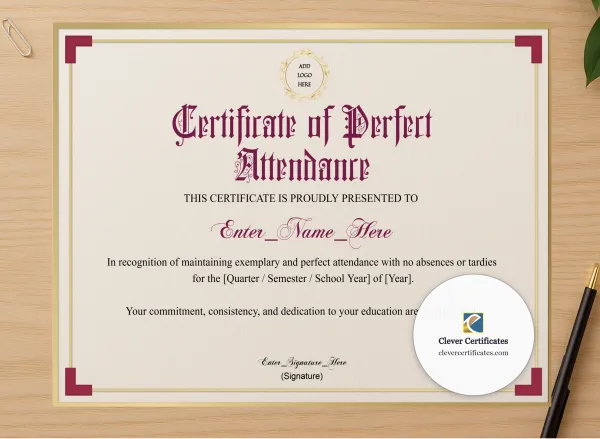 Professional preview of Perfect Attendance Certificate Classic Gold Landscape certificate on high-quality stationery paper, ideal for showcasing the final look.
