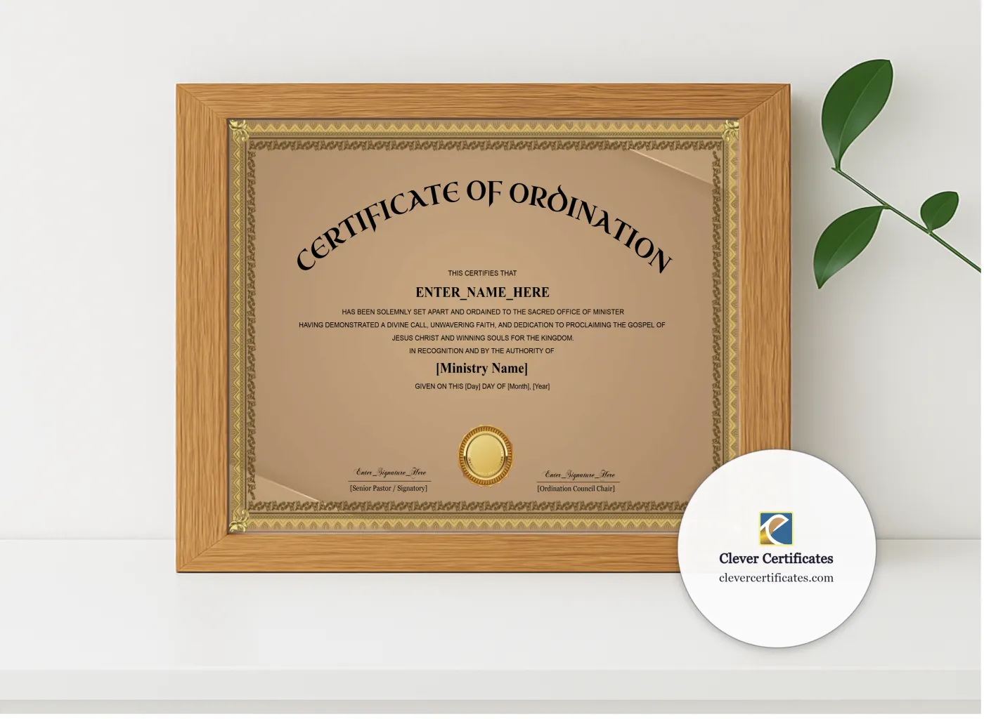 Realistic mockup featuring Minister Ordination Certificate Classic Gold Landscape displayed within a modern frame, set against a minimalistic background.
