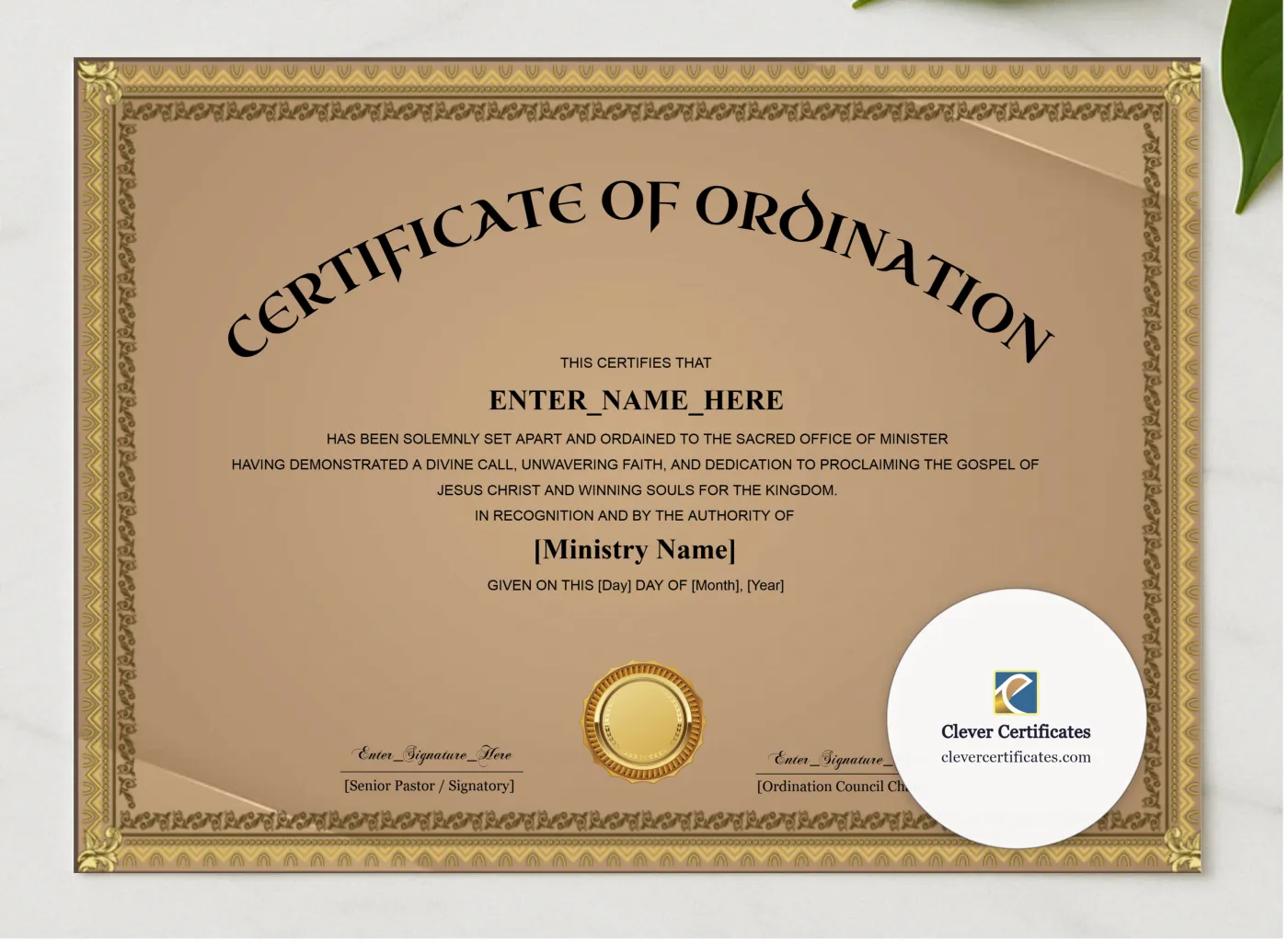 Minister Ordination Certificate Classic Gold Landscape presented in a sleek wooden frame, elegantly arranged on a stylish table.