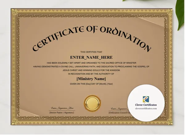 Minister Ordination Certificate Classic Gold Landscape presented in a sleek wooden frame, elegantly arranged on a stylish table.