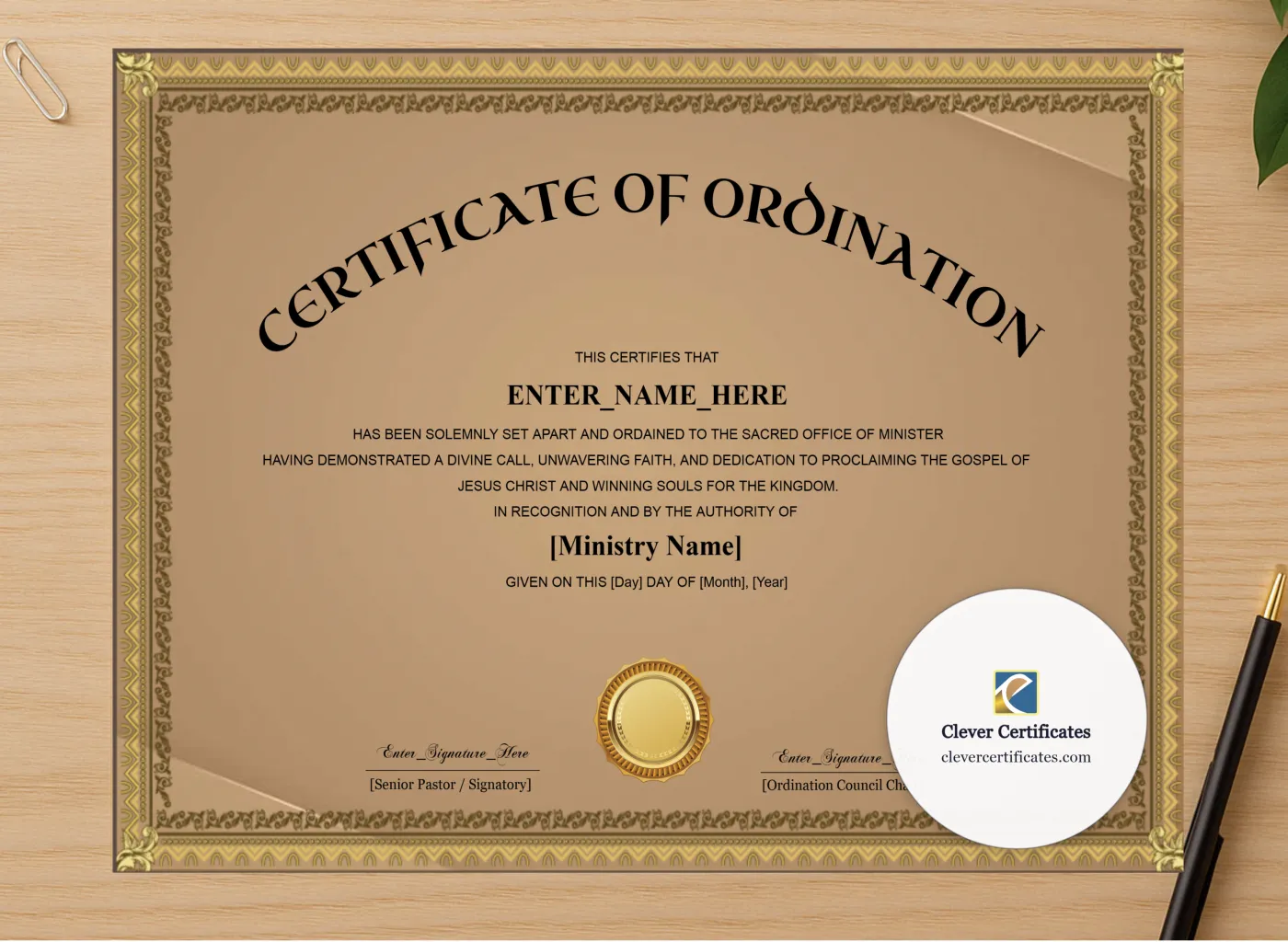 Professional preview of Minister Ordination Certificate Classic Gold Landscape certificate on high-quality stationery paper, ideal for showcasing the final look.