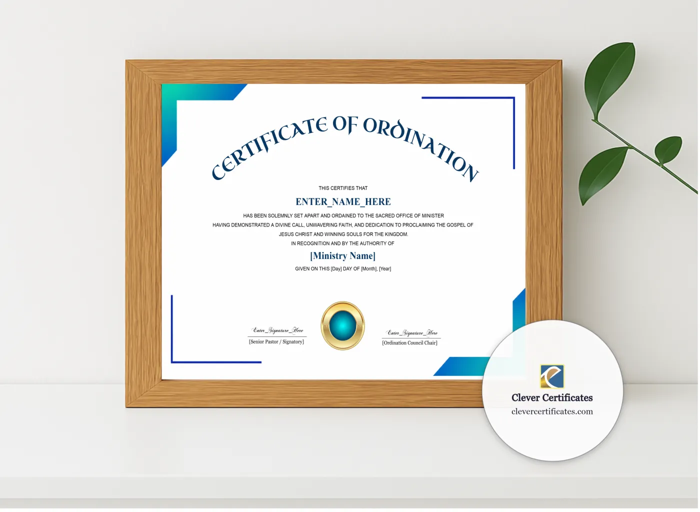 Realistic mockup featuring Minister Ordination Certificate Navy Seal Landscape displayed within a modern frame, set against a minimalistic background.