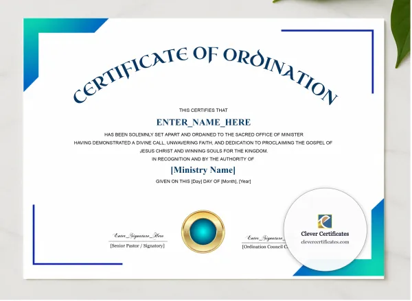 Minister Ordination Certificate Navy Seal Landscape presented in a sleek wooden frame, elegantly arranged on a stylish table.