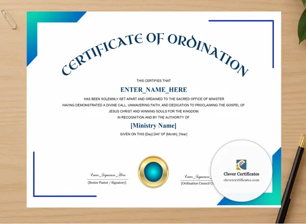Professional preview of Minister Ordination Certificate Navy Seal Landscape certificate on high-quality stationery paper, ideal for showcasing the final look.