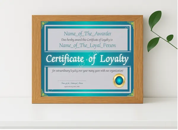 Realistic mockup featuring Certificate Of Loyalty 2 displayed within a modern frame, set against a minimalistic background.