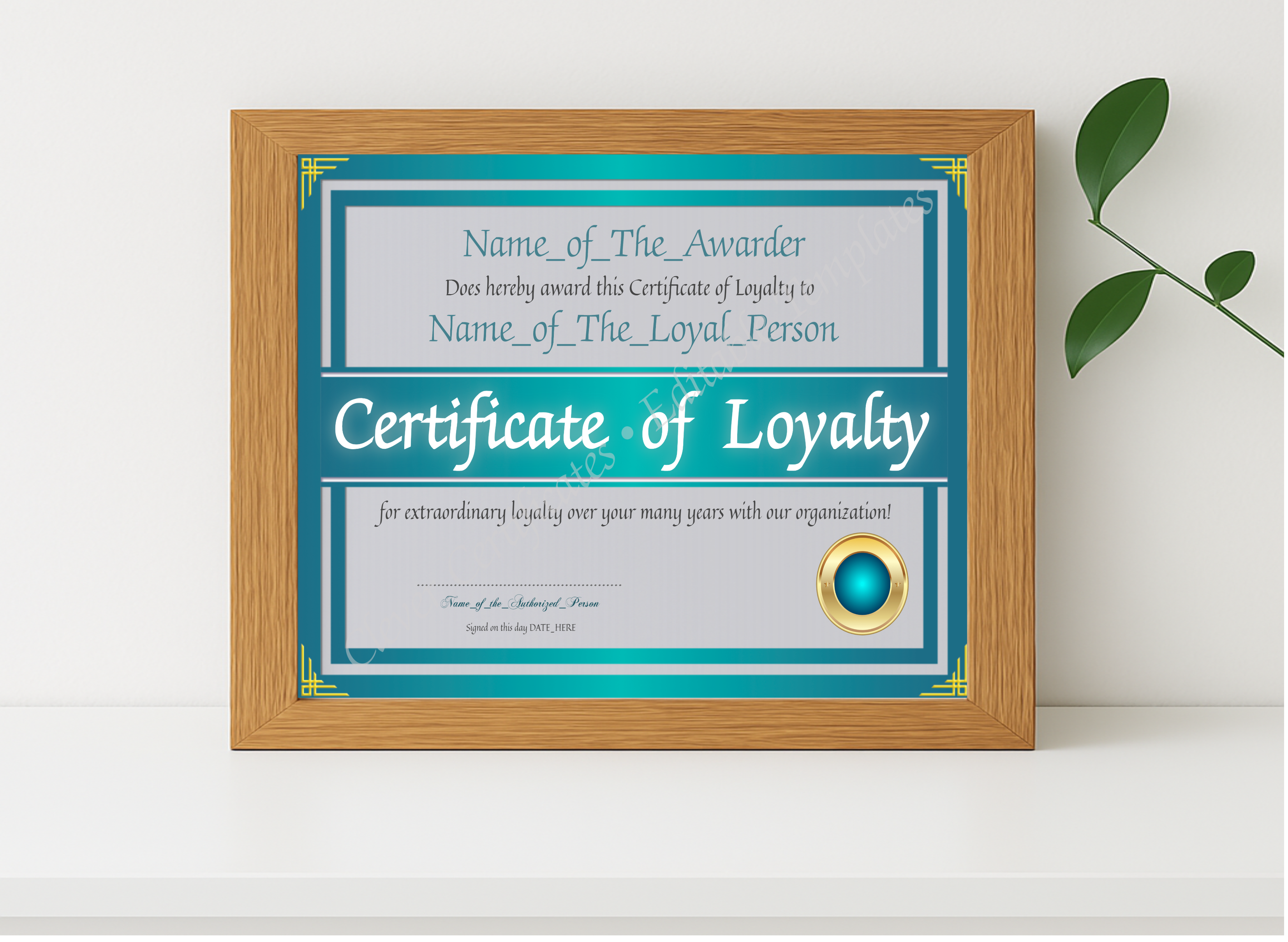Realistic mockup featuring Certificate Of Loyalty 2 displayed within a modern frame, set against a minimalistic background.
