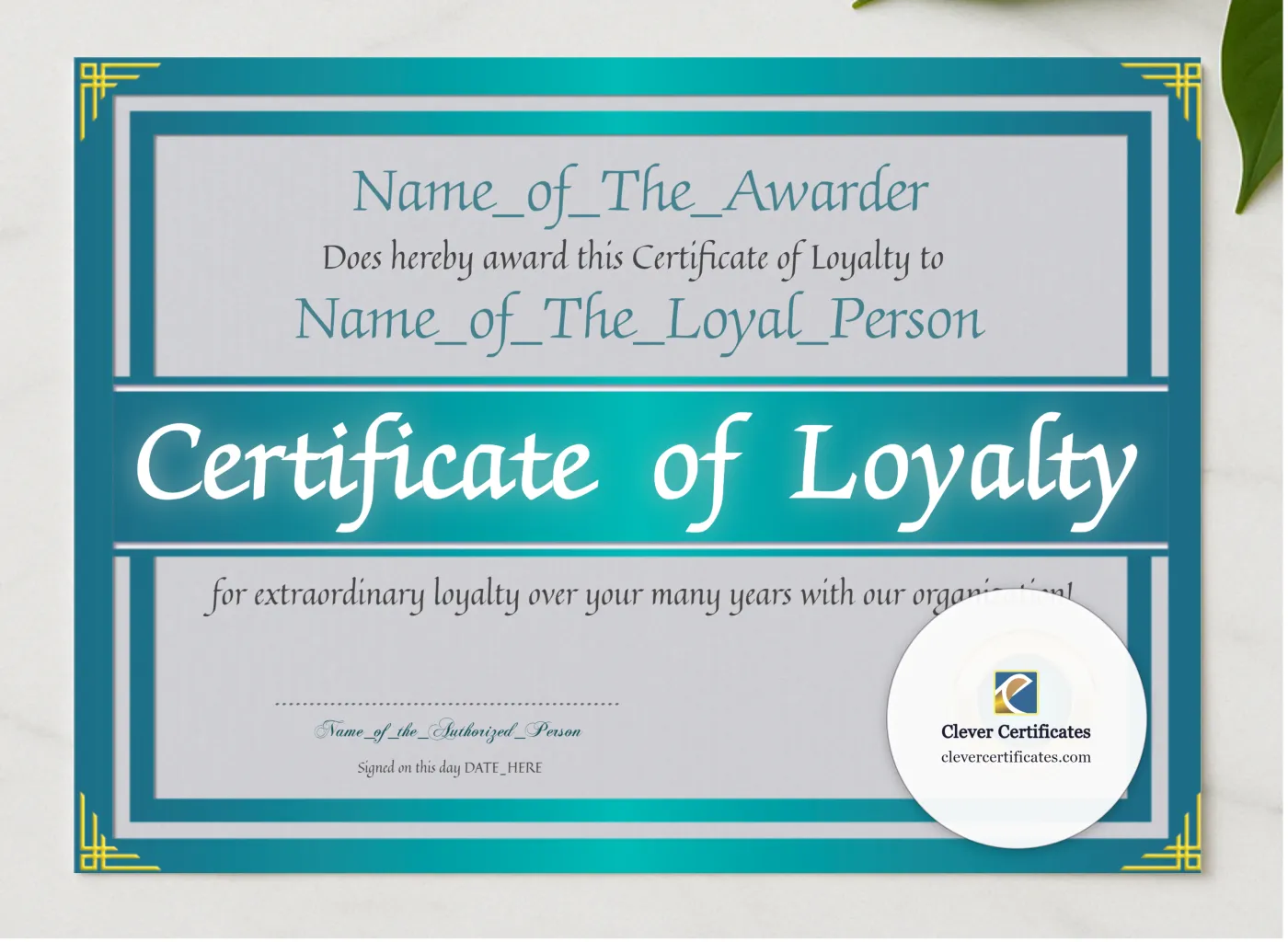 Certificate Of Loyalty 2 presented in a sleek wooden frame, elegantly arranged on a stylish table.