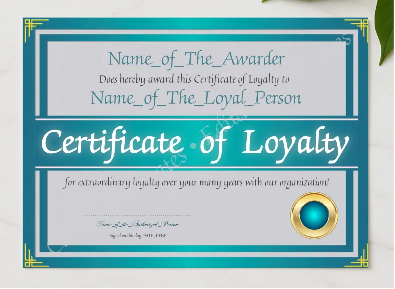 Certificate Of Loyalty 2 presented in a sleek wooden frame, elegantly arranged on a stylish table.