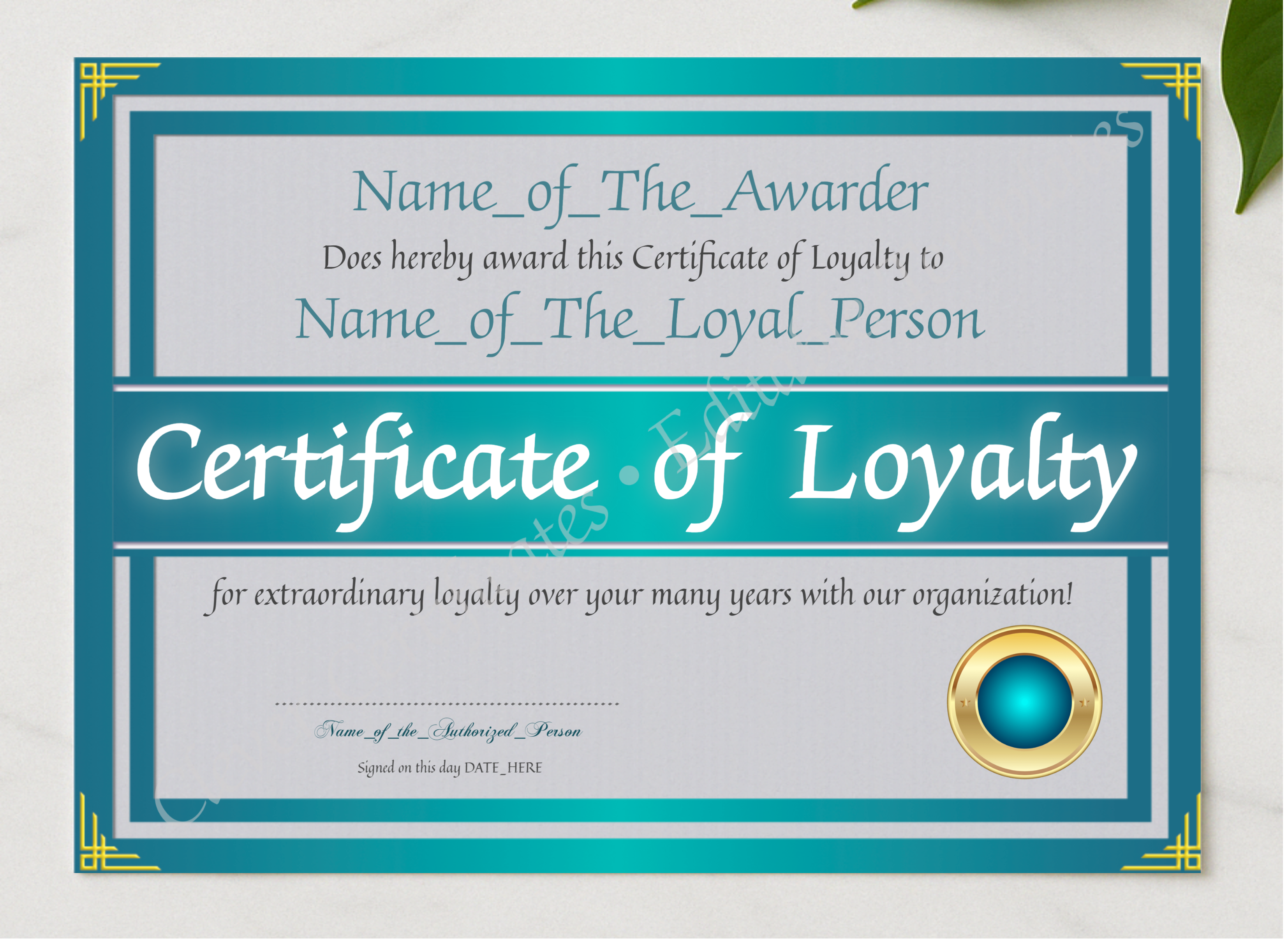 Certificate Of Loyalty 2 presented in a sleek wooden frame, elegantly arranged on a stylish table.