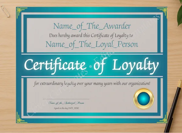 Professional preview of Certificate Of Loyalty 2 certificate on high-quality stationery paper, ideal for showcasing the final look.