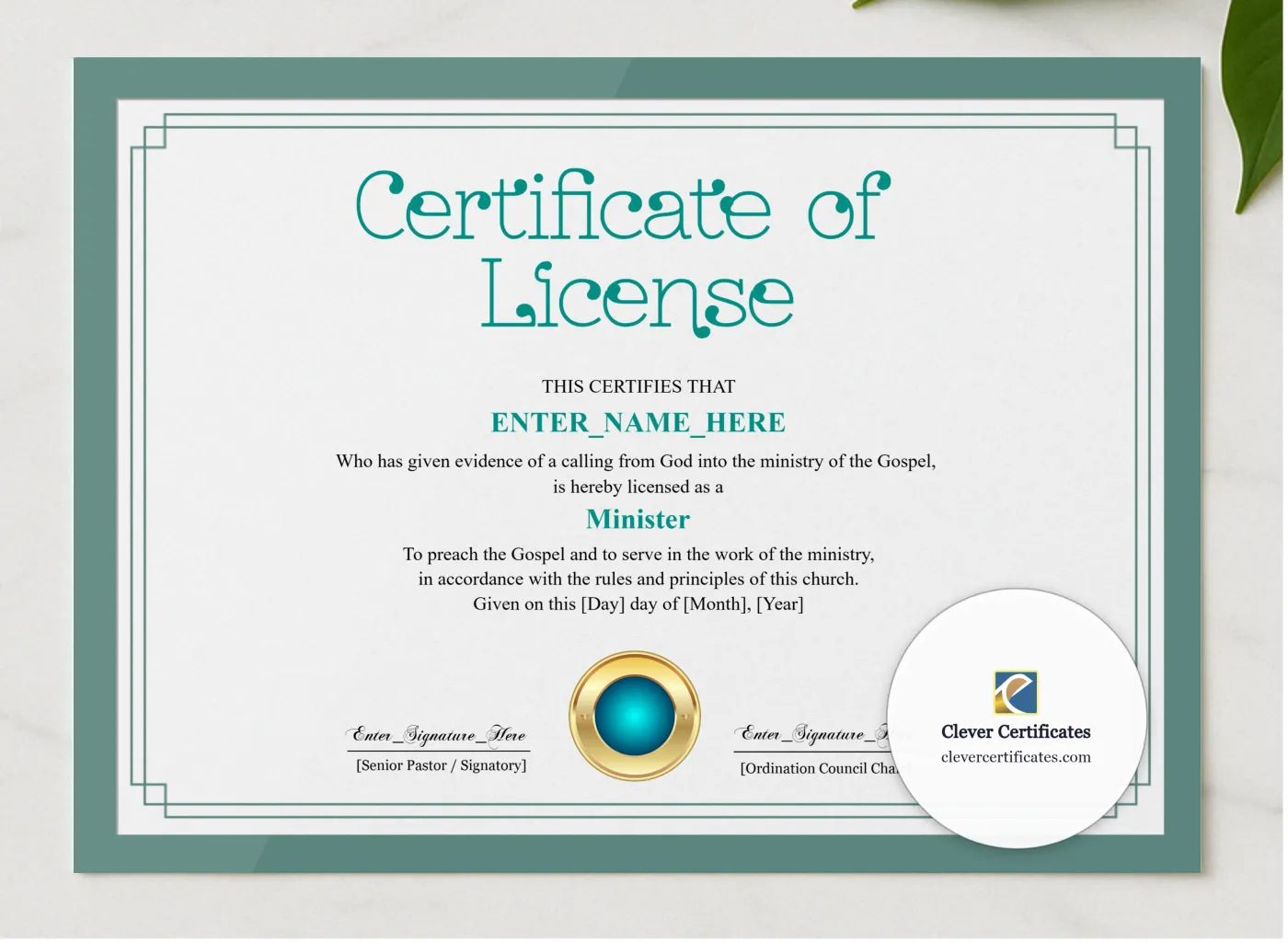 License To Preach Certificate Navy Seal Landscape presented in a sleek wooden frame, elegantly arranged on a stylish table.