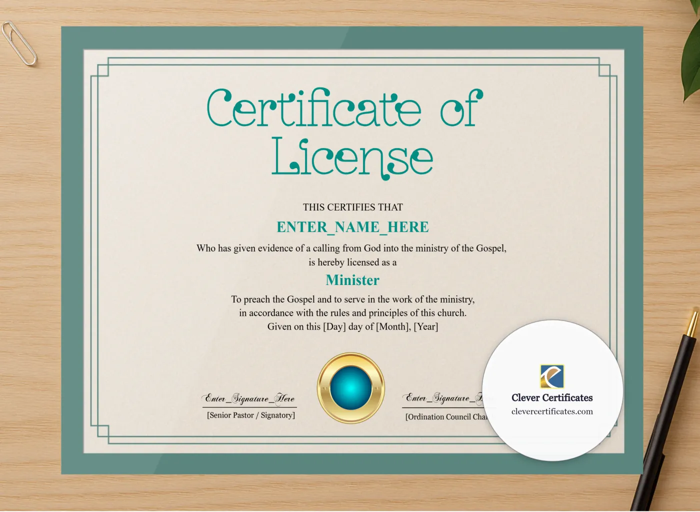 Professional preview of License To Preach Certificate Navy Seal Landscape certificate on high-quality stationery paper, ideal for showcasing the final look.