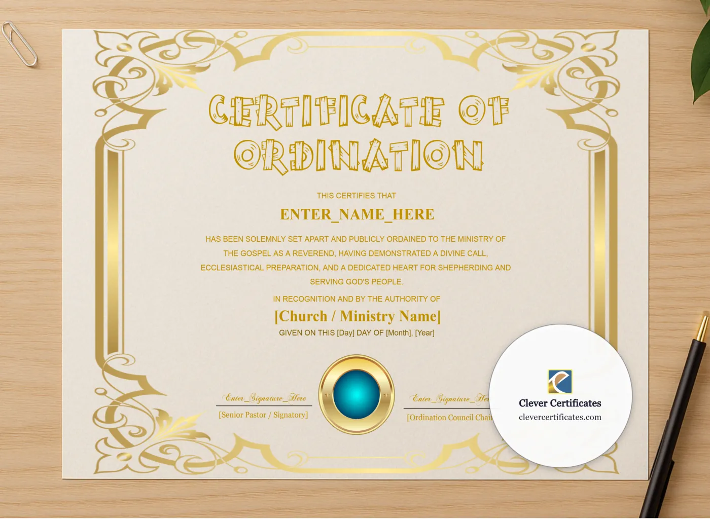 Professional preview of Reverend Ordination Certificate Navy Seal Landscape certificate on high-quality stationery paper, ideal for showcasing the final look.