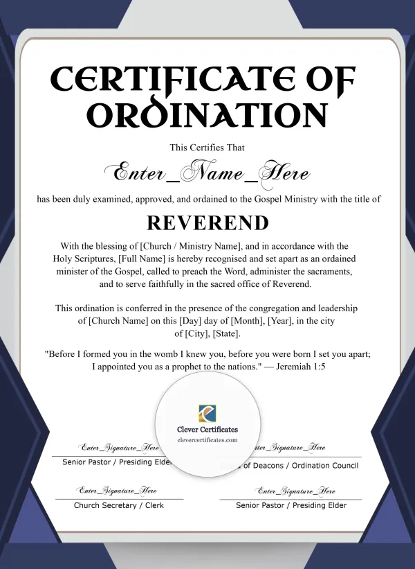 Reverend Ordination Certificate Navy Seal Portrait — Certificate Template Preview