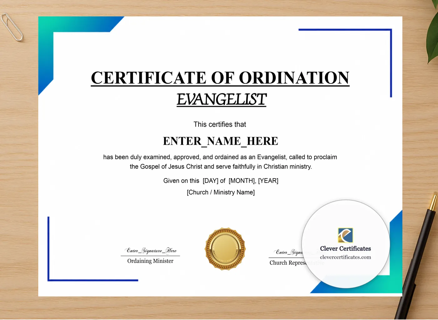 Professional preview of Evangelist Ordination Certificate Classic Gold Landscape certificate on high-quality stationery paper, ideal for showcasing the final look.