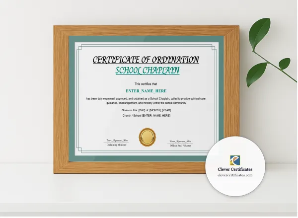 Realistic mockup featuring Chaplain Ordination Certificate Classic Gold Landscape displayed within a modern frame, set against a minimalistic background.