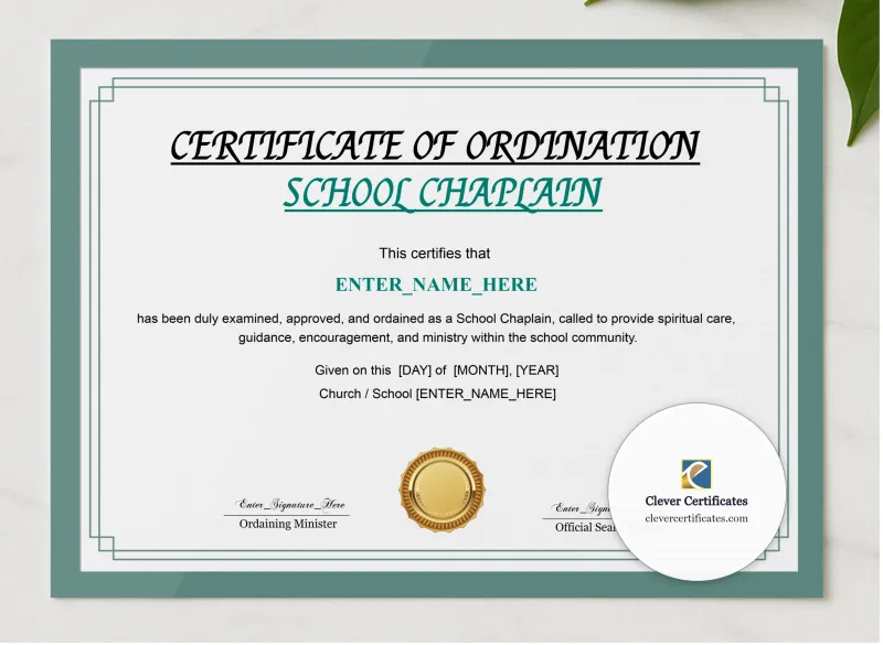 Chaplain Ordination Certificate Classic Gold Landscape presented in a sleek wooden frame, elegantly arranged on a stylish table.