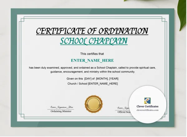 Chaplain Ordination Certificate Classic Gold Landscape presented in a sleek wooden frame, elegantly arranged on a stylish table.