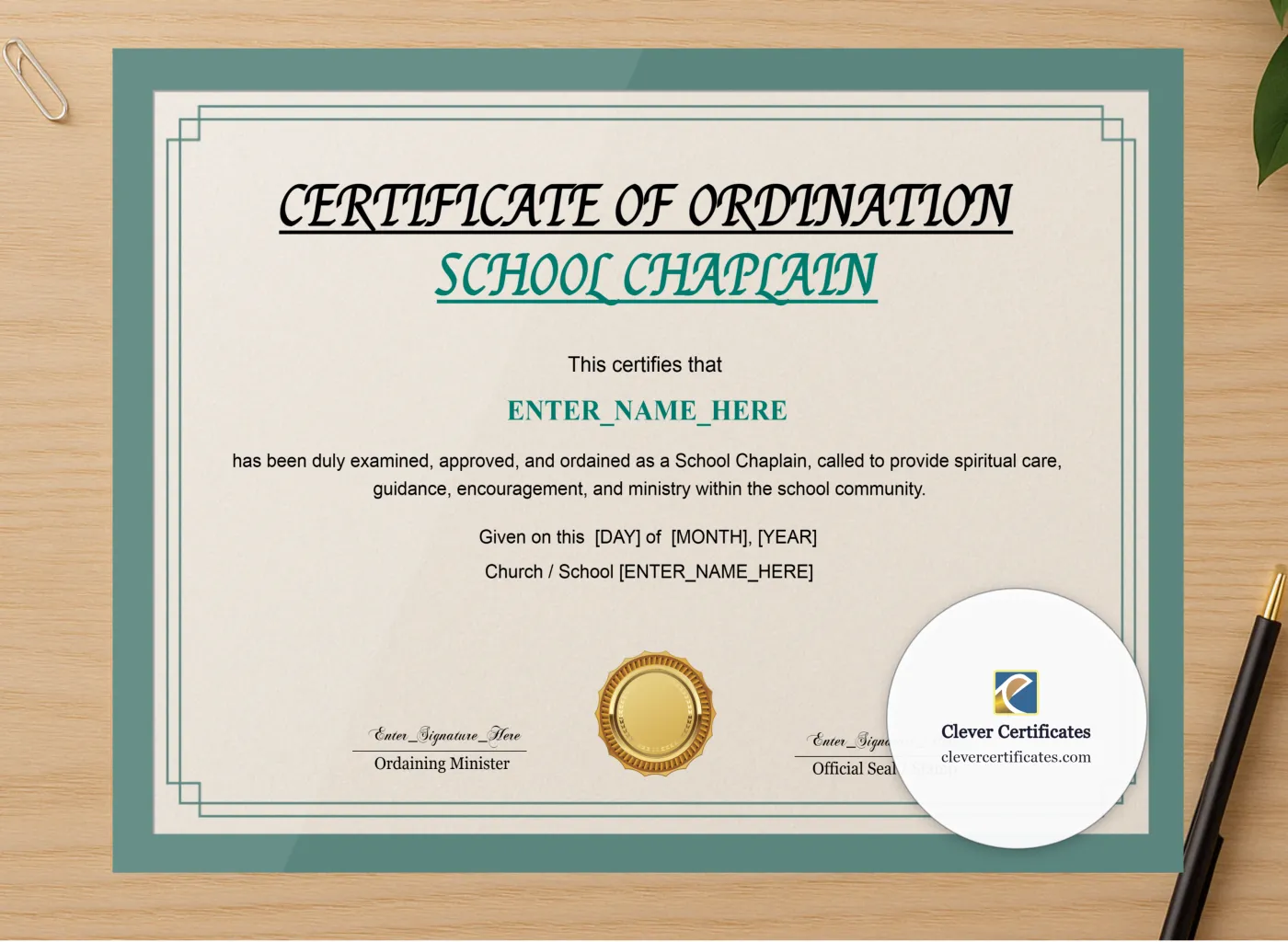 Professional preview of Chaplain Ordination Certificate Classic Gold Landscape certificate on high-quality stationery paper, ideal for showcasing the final look.