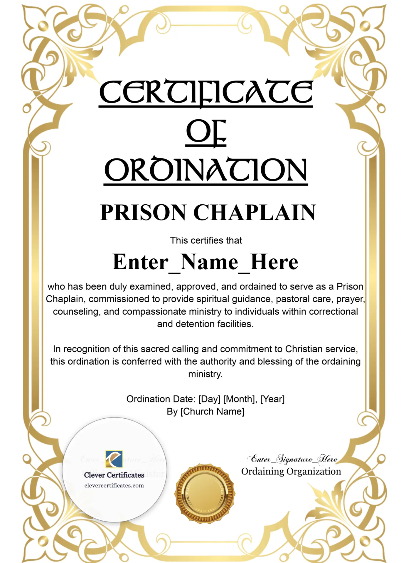 Chaplain Ordination Certificate Classic Gold Portrait — Certificate Template Preview