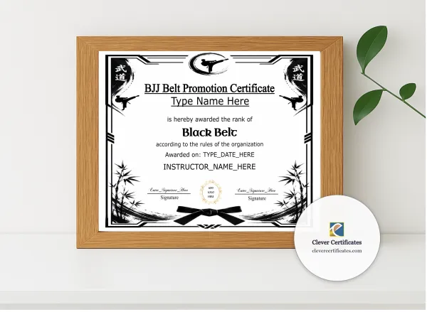 Realistic mockup featuring BJJ Belt Promotion Certificate Black And Gold Landscape displayed within a modern frame, set against a minimalistic background.