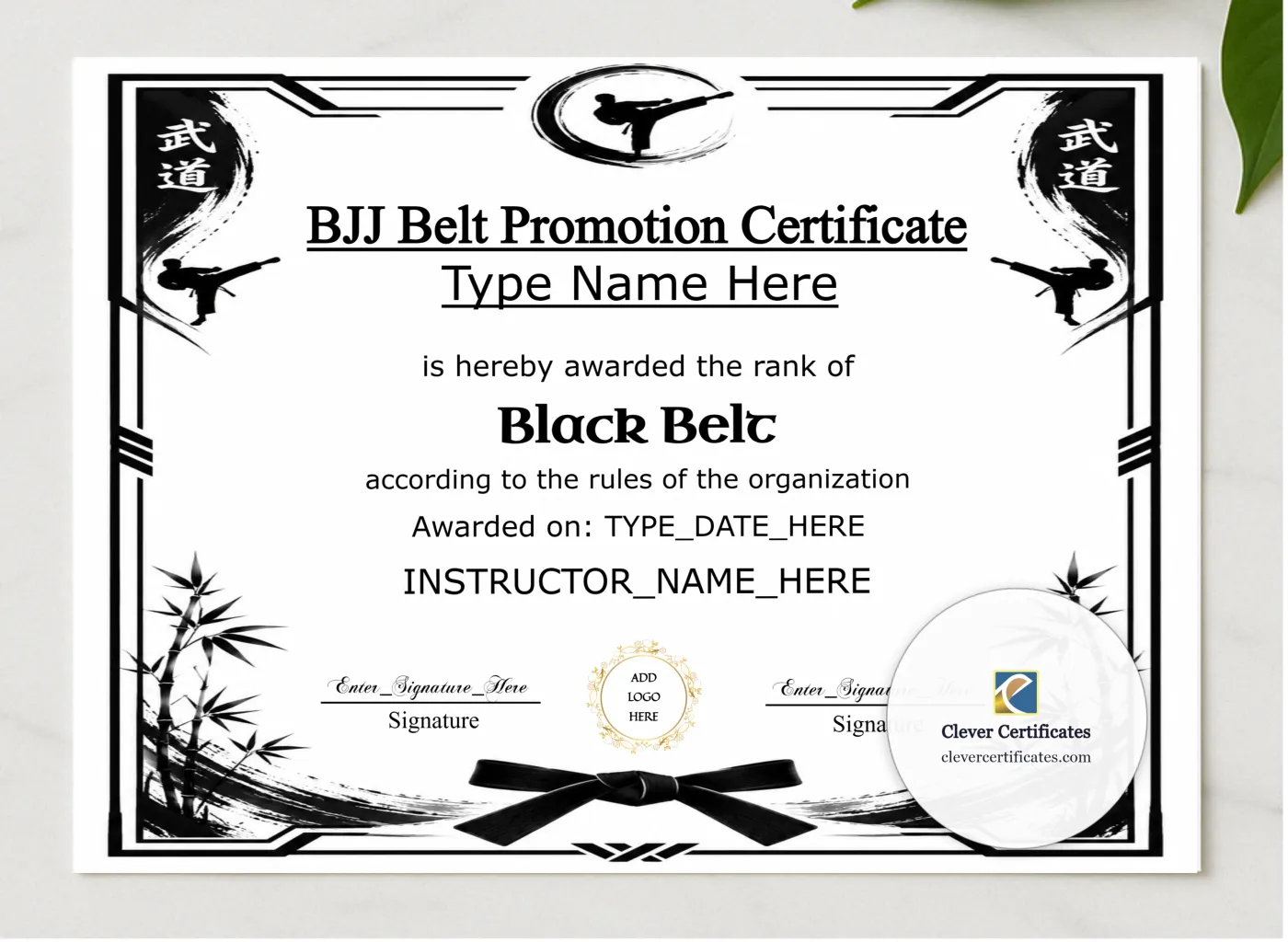 BJJ Belt Promotion Certificate Black And Gold Landscape presented in a sleek wooden frame, elegantly arranged on a stylish table.