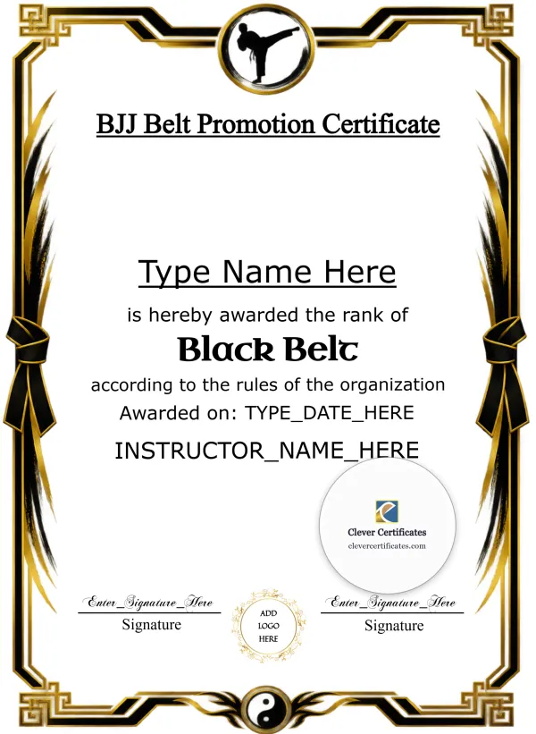BJJ Belt Promotion Certificate Black And Gold Portrait — Certificate Template Preview