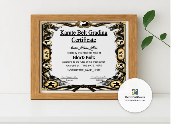 Realistic mockup featuring Karate Belt Promotion Certificate Black And Gold Landscape displayed within a modern frame, set against a minimalistic background.