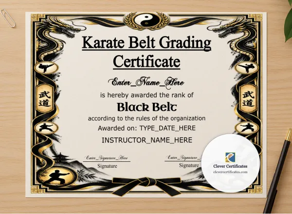 Professional preview of Karate Belt Promotion Certificate Black And Gold Landscape certificate on high-quality stationery paper, ideal for showcasing the final look.