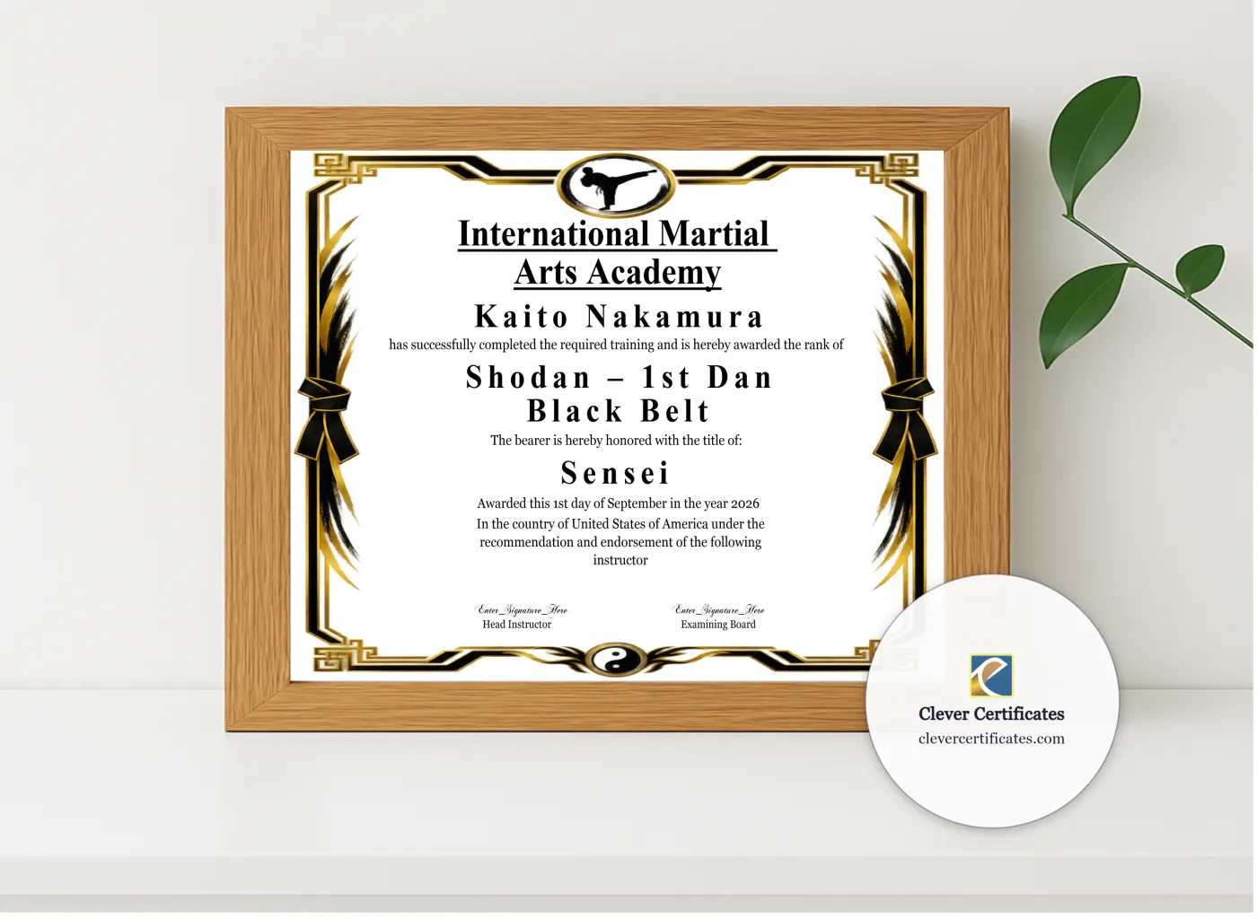 Realistic mockup featuring 1st Dan Shodan Certificate Black And Gold Landscape displayed within a modern frame, set against a minimalistic background.